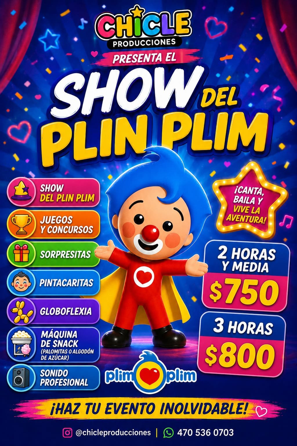 Plin Plim Show in Chicago: 2.5 hours $750, 3 hours $800